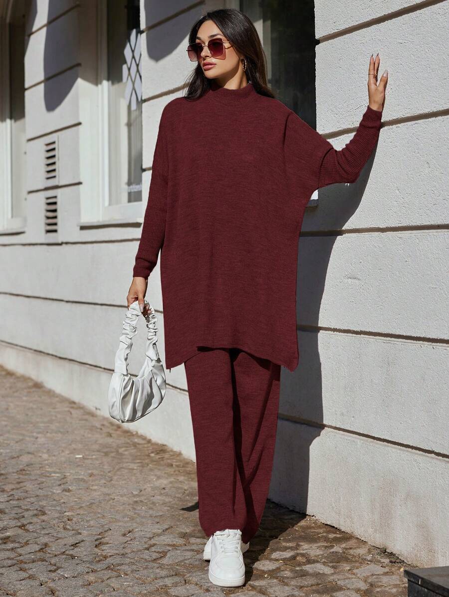 SHEIN Cottnline Solid Color Long Sweater And Knitted Pants Two Piece Set - Burgundy - View 1