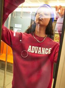 Gameset SHEIN Sport 女士字母印花襉形長袖運動衫 - 紅色 - 查看 1