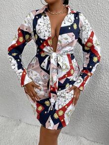 Maweii Women'S Plus Size Patchwork Printed Front Knot A-Line Dress - Multicolor - View 6