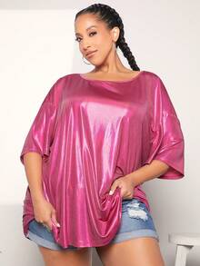 SHEIN CURVE+ Blusa De Talla Grande Con Hombros Caídos Y Mangas De Color Sólido - Rosa Fucsia - Ver 2