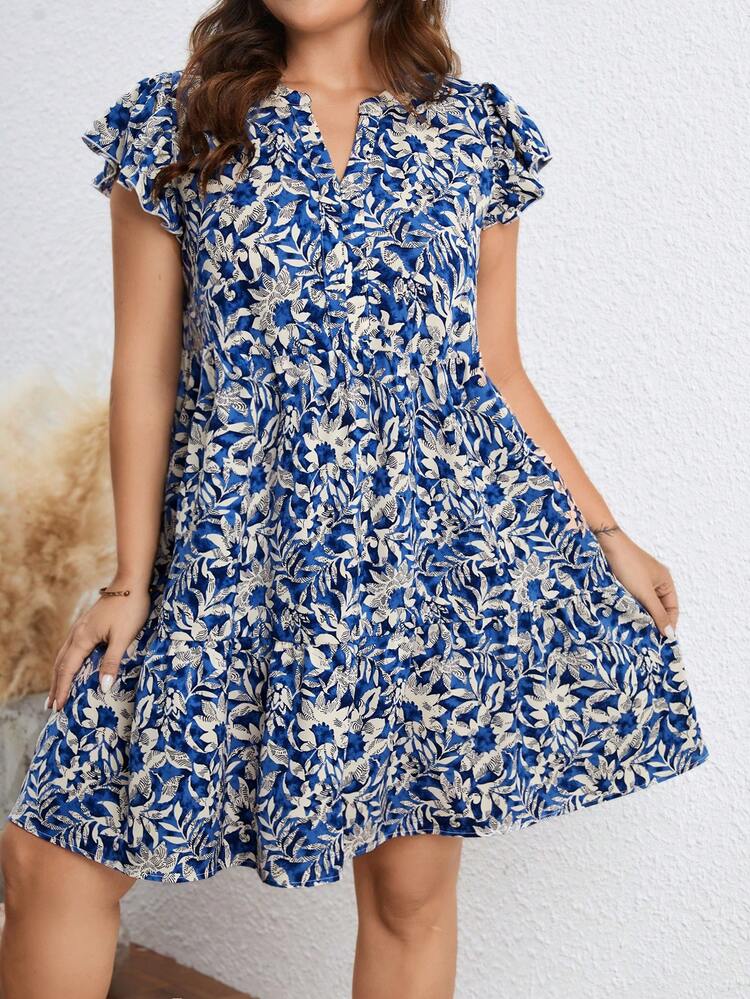 Plus Size Women Tropical Plant Print V-Neck Cap Sleeve Dress, Holiday Suitable