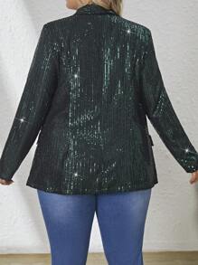 SHEIN Clasi Plus Size Shiny Lapel Sequin Blazer Jacket - Dark Green - View 2