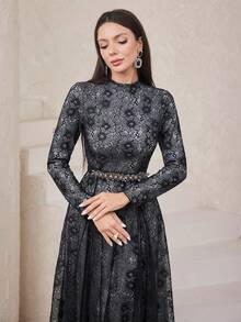Modelyn Women'S Floral Pattern Stand Collar Arab Style Long Sleeve Dress - Black - View 6