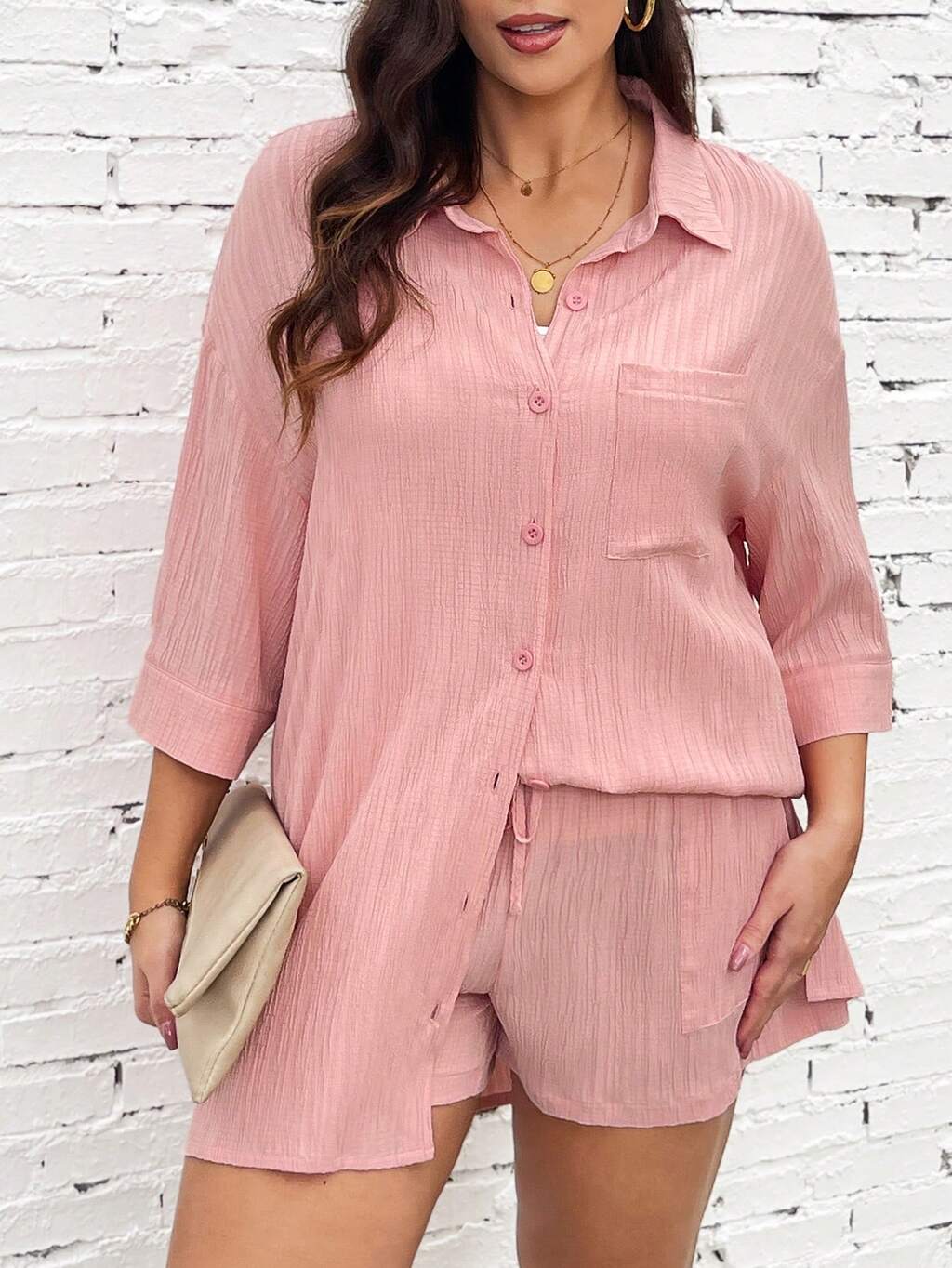 Plus Size Women's Pink Casual Shirt & Shorts Loose Daily/At-Home Outfit Set For Spring/Summer