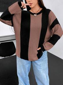 Flirla Plus Size Round Neck Color Block Sweater Knit Pullover Fall Winter - Mocha Brown - View 4
