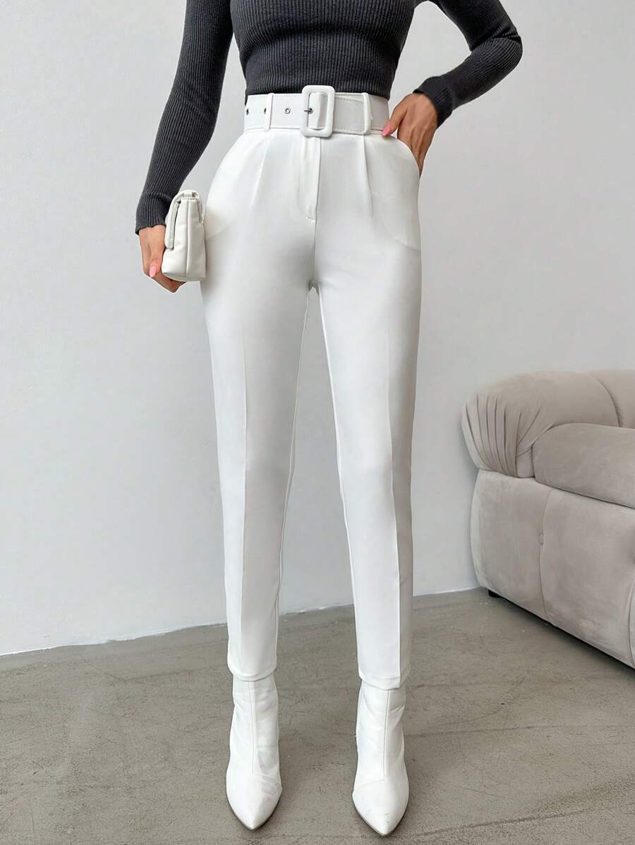 SHEIN Cottnline 女士純色束腰西裝褲 - 白色 - 查看 1