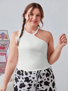 SHEIN EZwear 女裝加大號不對稱領口純色背心 - 彩色 - 查看 3