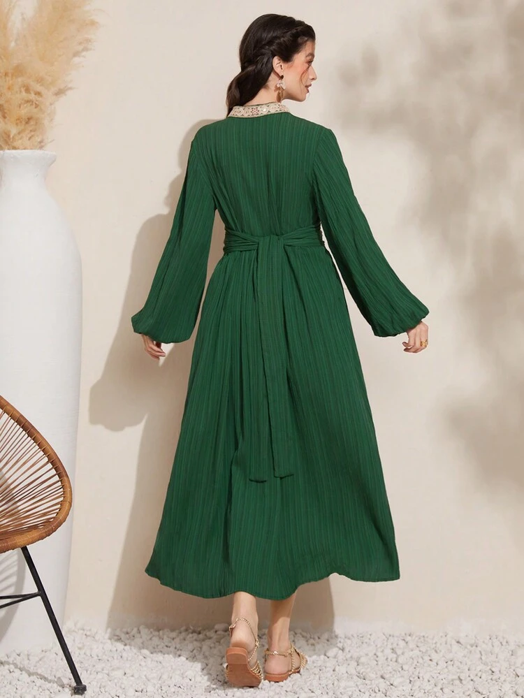 Women's Sequined Patchwork Lantern Sleeve Pleated Dress