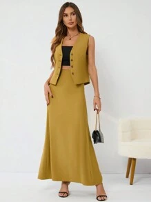 SHEIN BIZwear 女性前釦背心和分裂長裙兩件套裝 - 薑色 - 查看 4