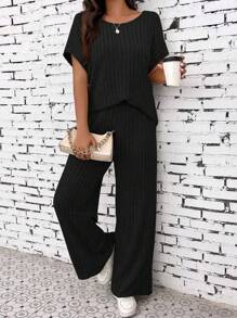 EMERY ROSE Women's Solid Color Ribbed Round Neck T-Shirt And Wide Leg Pants 2pcs Set - Black - View 4