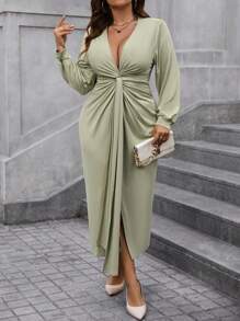 Calvaya Plus Size Women's Twisted Knot Lantern Sleeve Dress - Green - View 1
