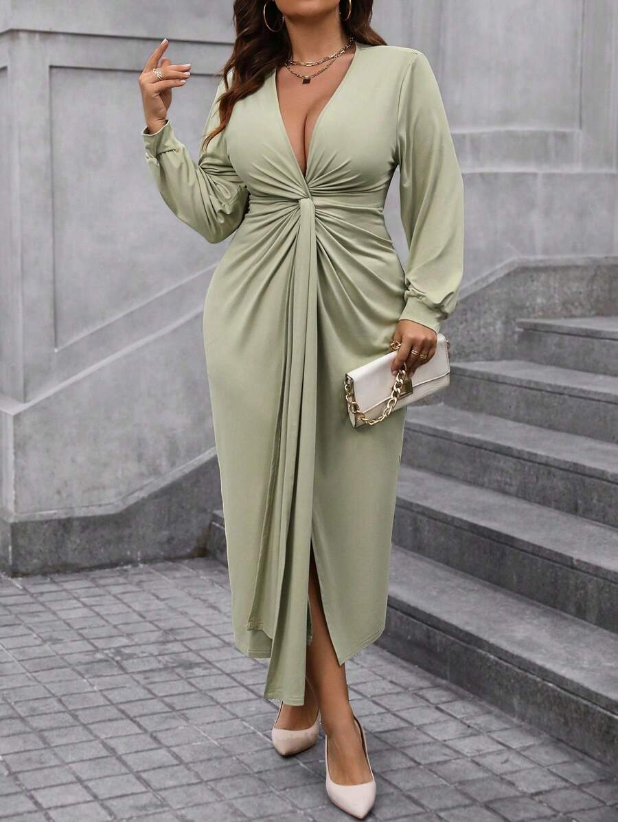 Calvaya Plus Size Women's Twisted Knot Lantern Sleeve Dress - Green - View 1