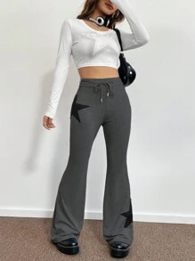 SHEIN EZwear 女士星星拼接喇叭運動長褲 - 深灰色 - 查看 5