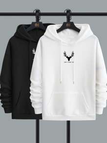 Manfinity Hypemode Loose Men's 2pcs Casual Letter Print Kangaroo Pocket Drawstring Thermal Hoodie - Black and White - View 3