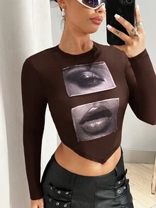 SHEIN ICON 女士眼嘴印花短款上衣 - 咖啡棕 - 查看 2