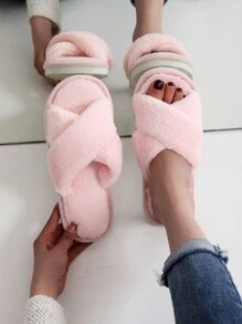 Cross Bag Fashion Women's Home Slippers Flat Heel Open Toe Slippers All Seasons Furry Slippers For Female - Pink - View 4