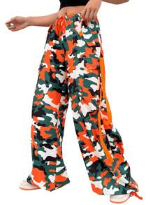 SHEIN Coolane Women's Waist Drawstring Wide Leg Pants With Bright Color - Army Green - View 1