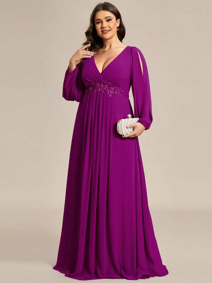 Vestido de dama de honor elegante con aplicaciones para talla grande con manga larga - Morado - Ver 1