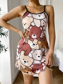 Pijama vestido con estampado de oso y tirantes para mujer - Multicolor - Ver 1