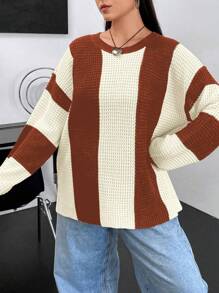 Flirla 加大码条纹落肩毛衣，撞色针织套头衫，秋冬款 - 駝色 - 查看 3