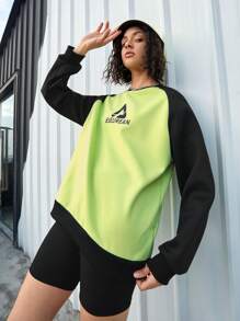 Gameset SHEIN Sport Sudadera Deportiva Para Mujer Con Mangas Raglán, Bloques De Colores Impresos Con Letras - Verde - Ver 8