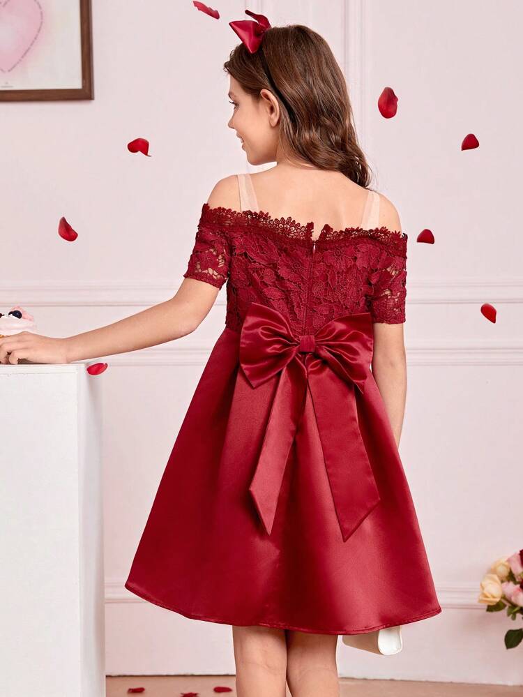 Tween Girls' Lace Bow Knot Decorated Short Sleeve Off-Shoulder Dress With Patchwork Design