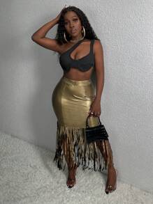 Slaydiva High Waisted Fringed Hem Skirt - Army Green - View 4