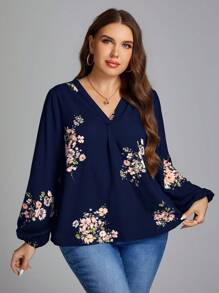 SHEIN LUNE 女士大碼花卉印花v領燈籠袖上衣 - 藏蓝色 - 查看 6