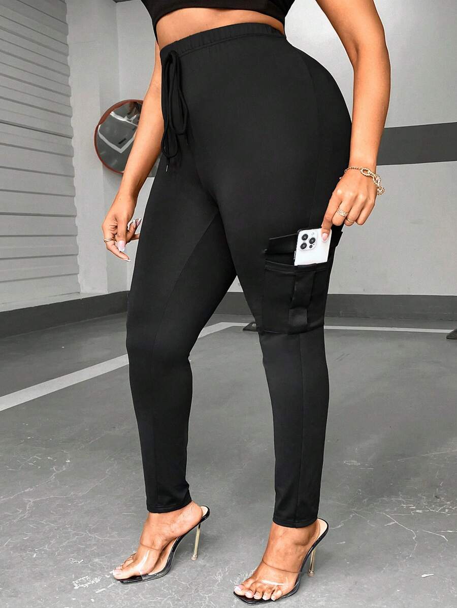Maweii 大尺碼女士純色束腰口袋打底褲 - 黑色 - 查看 1