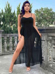 SHEIN Belle Women's Plus Size Polka Dot Print Slit Cami Dress