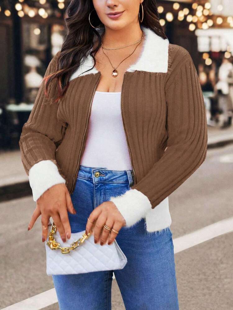 Women'S Plus Size Contrast Color Zipper Cardigan Sweater Fall Cloth For Women