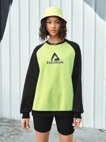 Gameset SHEIN Sport Sudadera Deportiva Para Mujer Con Mangas Raglán, Bloques De Colores Impresos Con Letras - Verde - Ver 6