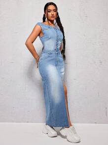 SHEIN ICON High Slit Water Washed Denim Dress - Light Wash - View 1