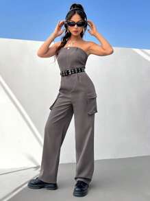 SHEIN EZwear 有口袋無肩帶工裝連身褲 - 灰色 - 查看 6