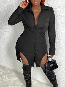 Slaydiva Music Festival Mesh Semi-See-Through Sexy Casual Street Slim Fit Shirt Dress With Split Hem - Black - View 3