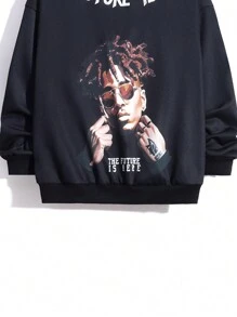 SHEIN Tween Boys' Casual Street Style Cool Character & Slogan Printed Round Neck Loose Fit Sweatshirt - Black - View 4