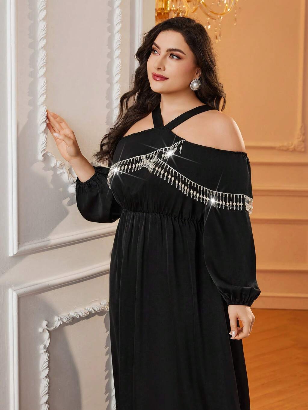 Plus Size Women Open Shoulder Dress With Rhinestone And Tassel Embellishment Long Evening Dresses