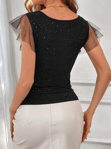 SHEIN Privé 女士黑色夏季短袖t恤,帶有荷葉邊