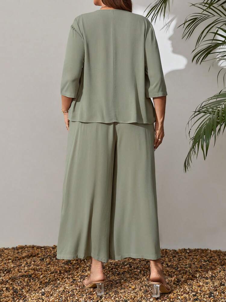 Plus Size Women'S Round Neck T-Shirt And Wide Leg Pants Wide Leg Green Two Piece Set For Spring,Summer