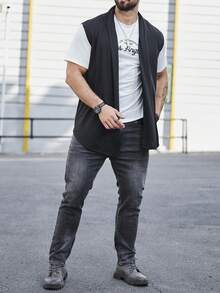Manfinity Homme Áo khoác vest nam trơn cổ điển hở trước màu trơn, mùa thu - màu đen - Xem 3