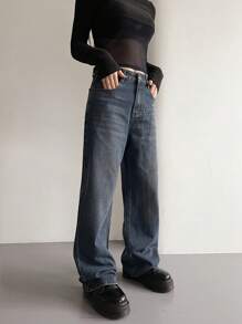 DAZY Regular Waist Cat Whisker Distressed Wide Leg Women's Jeans,Back To School Clothes - Blue - View 3