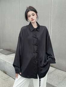 New Chinese Style Stand Collar Long Sleeve Drop Shoulder Shirt With Button Placket - Black - View 5