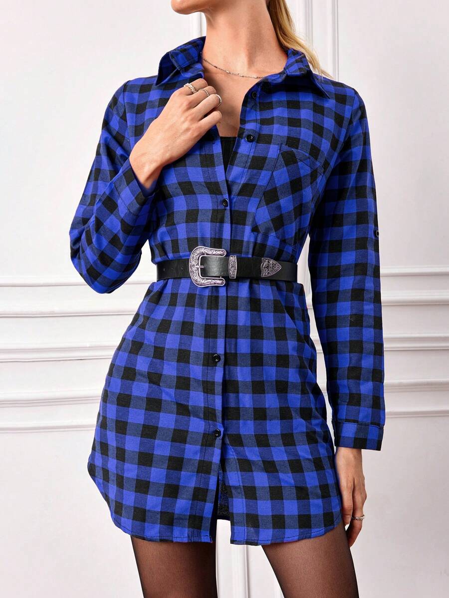 SHEIN Cottnline Women's Plaid Shirt Dress - Royal Blue - View 1