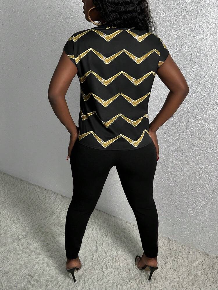 2pcs Set Women Business Tie Bow Combination Tank Top & Gold Wavy Print Pants