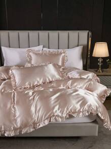 Juego de funda nórdica de 3 piezas en color rosa palo con volantes de satén (1 funda nórdica + 2 fundas de almohada, sin relleno) Decoración de dormitorio de estilo vintage de fibra de poliéster suave, apta para varios tamaños de cama - Caqui - Ver 6