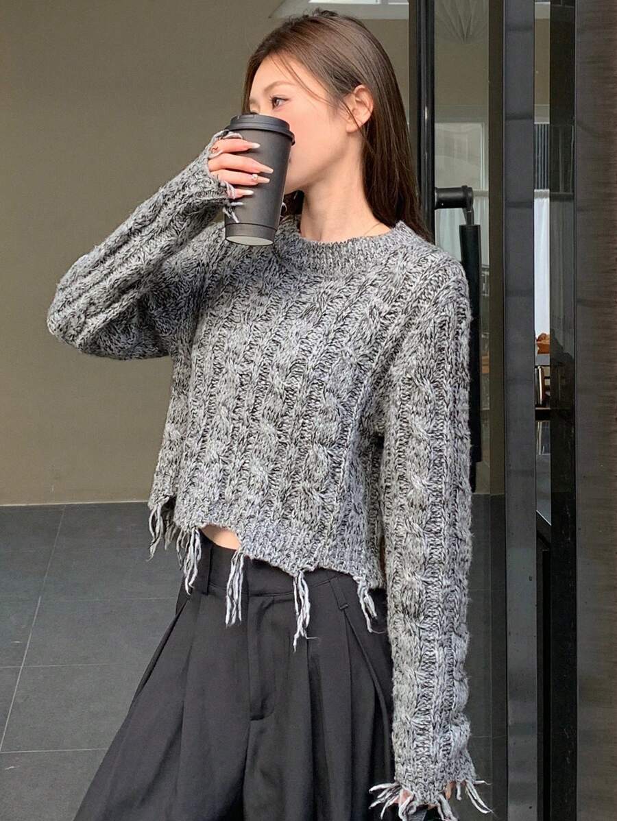 DAZY 女式圆领毛边短款毛衣 女式秋季上衣 - 灰色 - 查看 1