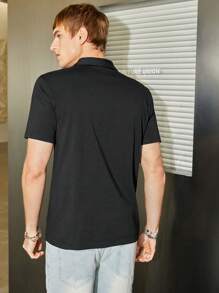 Mainfolk Men's Short Sleeve Polo Shirt With Letter Print - Black - View 2