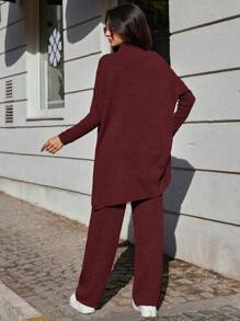 SHEIN Cottnline Solid Color Long Sweater And Knitted Pants Two Piece Set - Burgundy - View 2