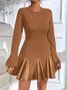 SHEIN LUNE Vestido Con Vuelo Y Dobladillo De Encaje Con Mangas Acampanadas Para Mujer - Caqui - Ver 6