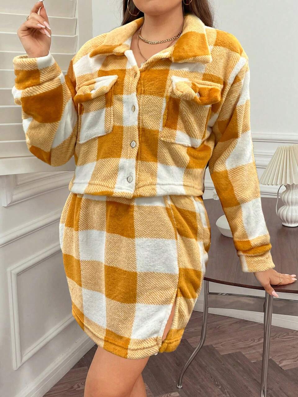 Women'S Plus Size Plaid Button Front Coat And Slit Skirt Set